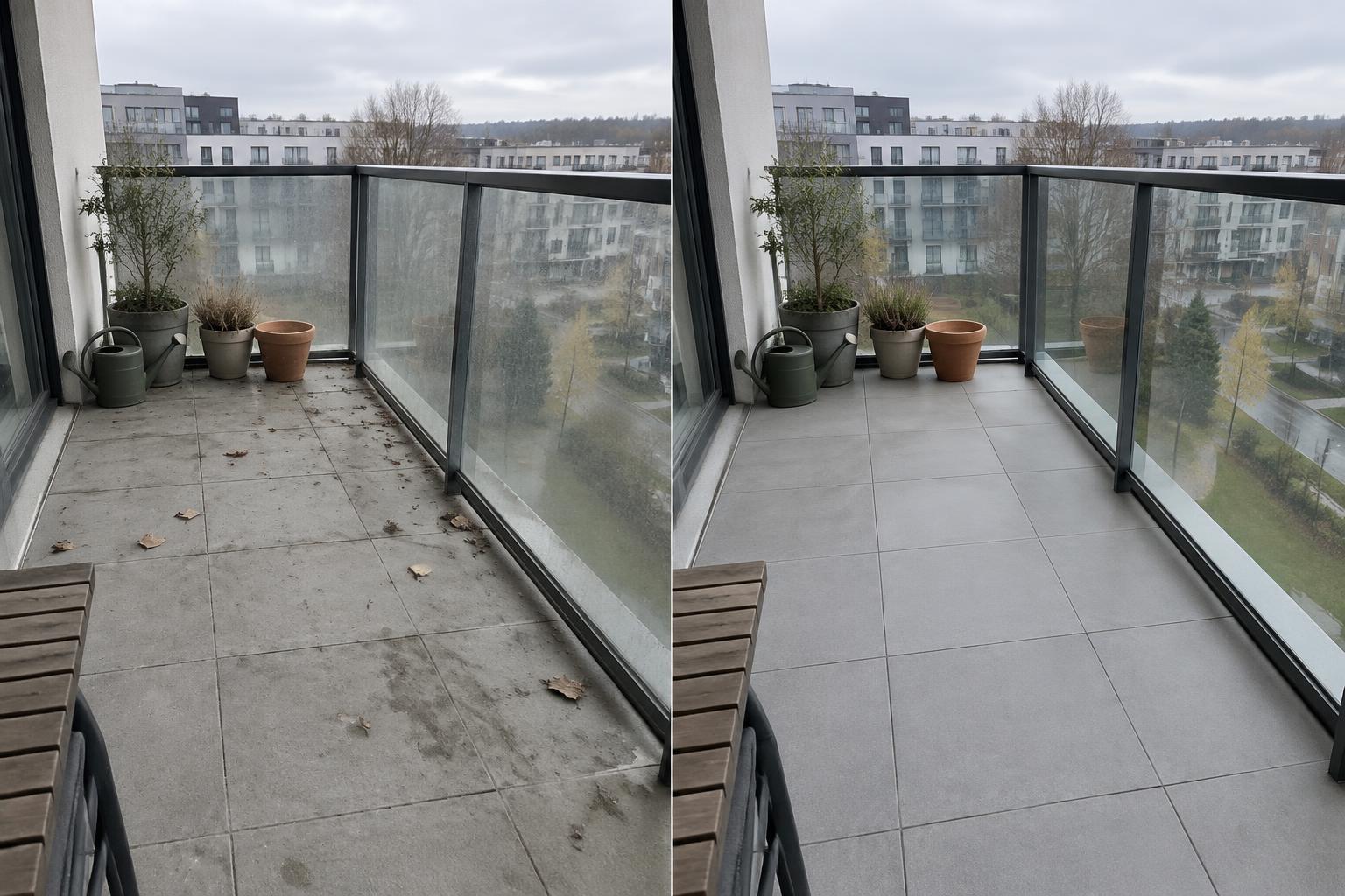 Balkong — Før / Etter. AI-genererte illustrasjoner — ikke bilder av selskapets kundearbeid. Faktiske resultater avhenger av overflater og tilstand.